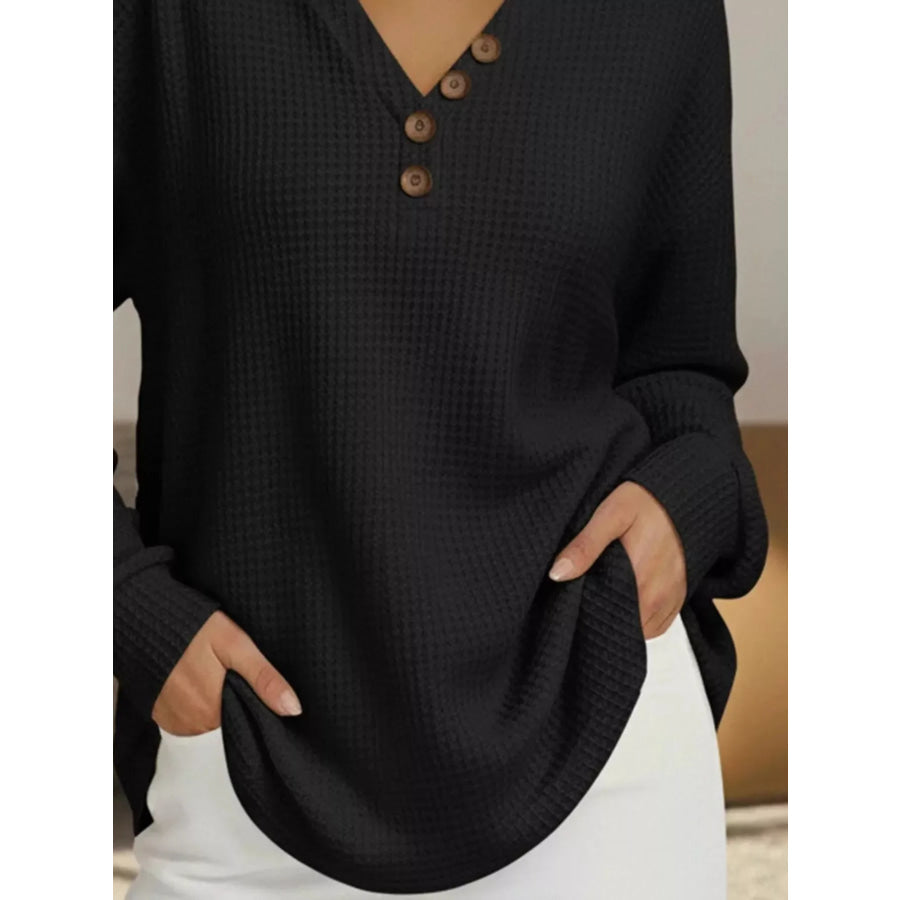 Full Size Casual Waffle Knit V-Neck Long Sleeve T-Shirt Plus Size Apparel and Accessories