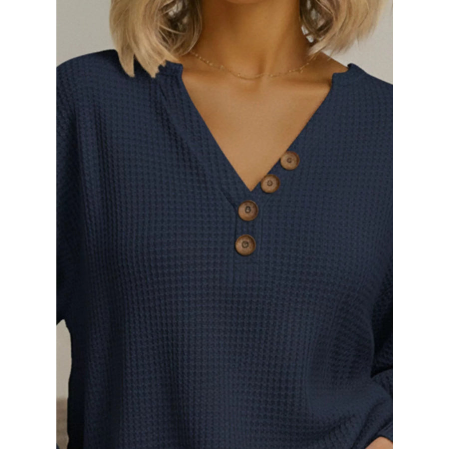 Full Size Casual Waffle Knit V-Neck Long Sleeve T-Shirt Plus Size Apparel and Accessories
