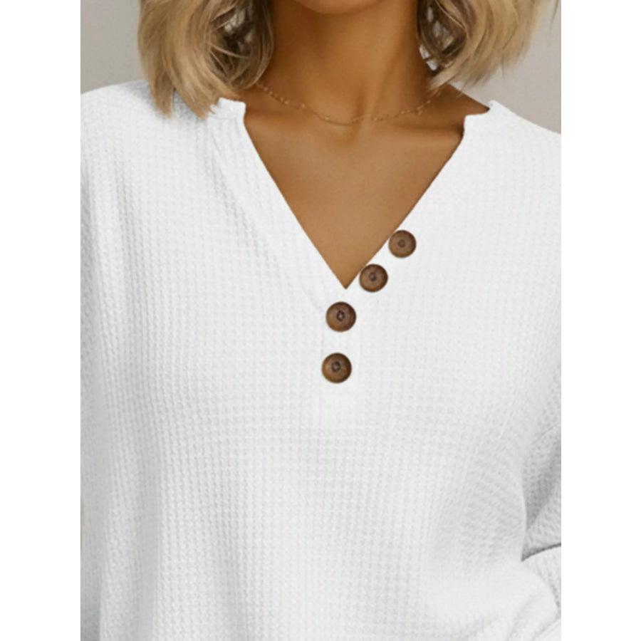 Full Size Casual Waffle Knit V-Neck Long Sleeve T-Shirt Plus Size Apparel and Accessories