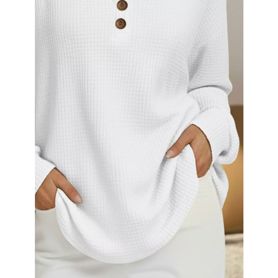 Full Size Casual Waffle Knit V-Neck Long Sleeve T-Shirt Plus Size Apparel and Accessories