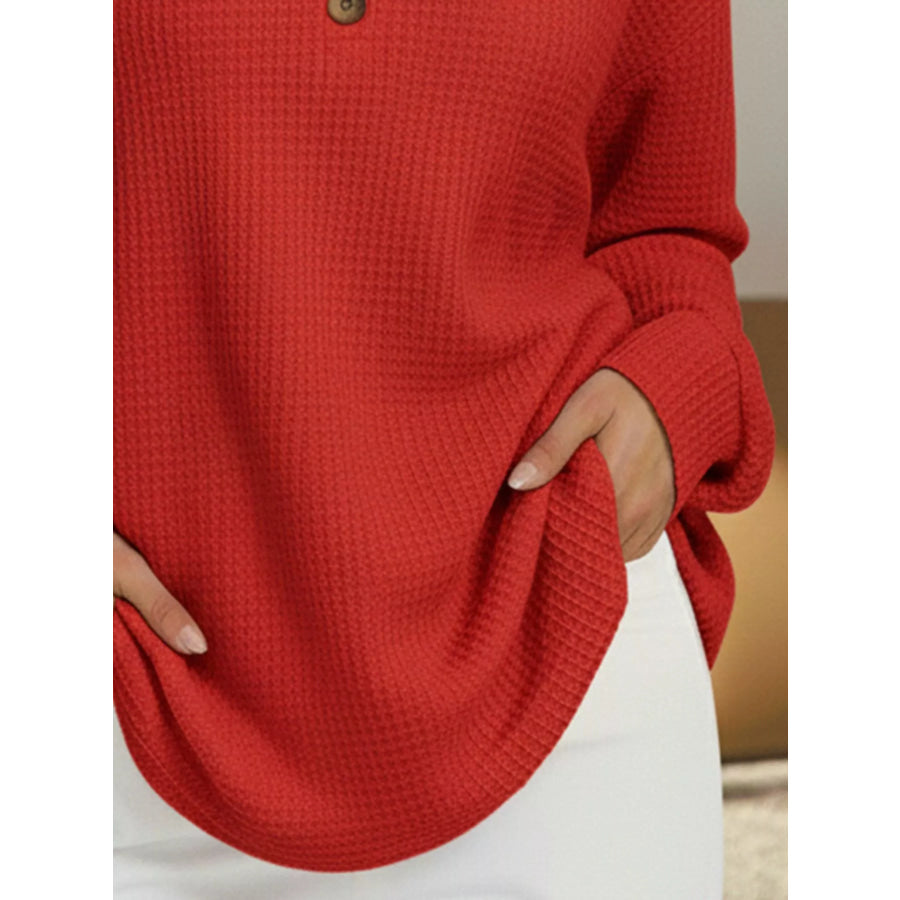 Full Size Casual Waffle Knit V-Neck Long Sleeve T-Shirt Plus Size Apparel and Accessories