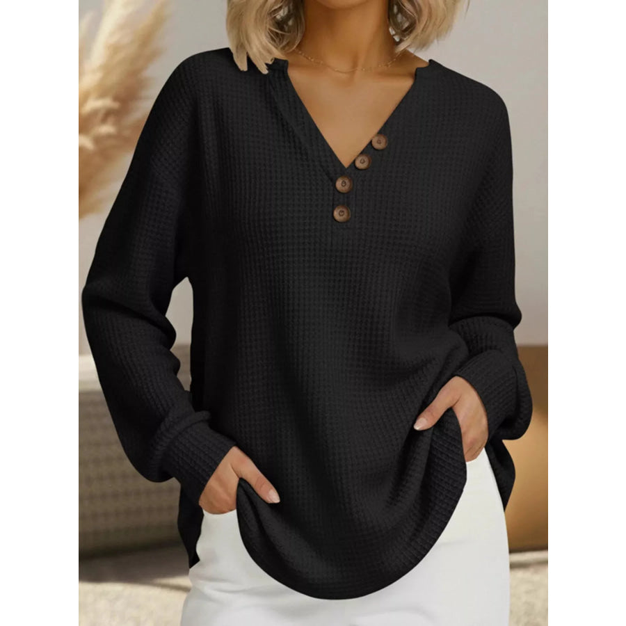 Full Size Casual Waffle Knit V-Neck Long Sleeve T-Shirt Plus Size Black / S Apparel and Accessories