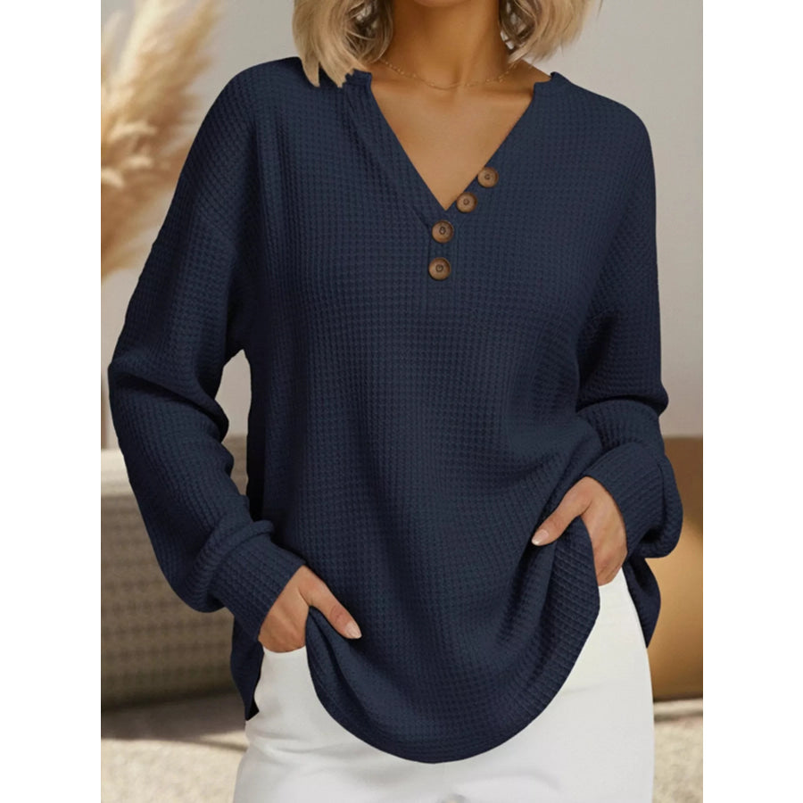 Full Size Casual Waffle Knit V-Neck Long Sleeve T-Shirt Plus Size Navy / S Apparel and Accessories
