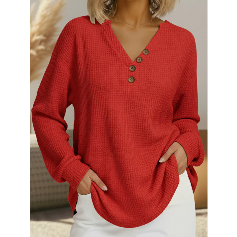 Full Size Casual Waffle Knit V-Neck Long Sleeve T-Shirt Plus Size Red / S Apparel and Accessories