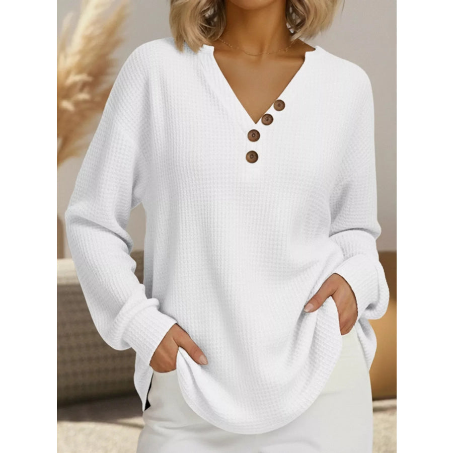 Full Size Casual Waffle Knit V-Neck Long Sleeve T-Shirt Plus Size White / S Apparel and Accessories