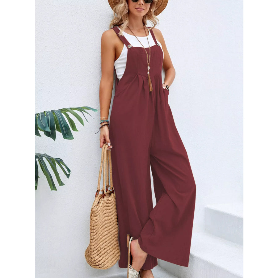 Full Size Casual Wide-Leg Overalls with Pockets Plus Size Burgundy / S Apparel and Accessories