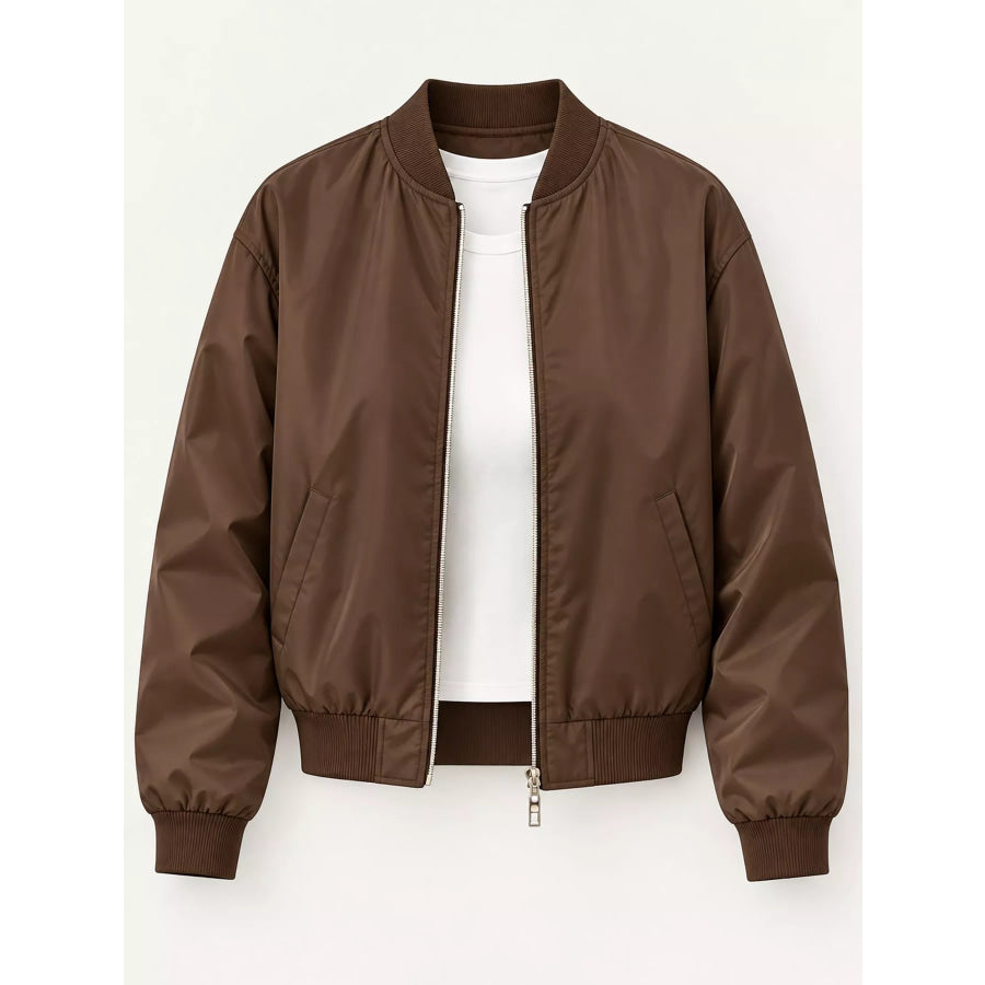 Full Size Casual Zip-Up Bomber Jacket Plus Apparel and Accessories