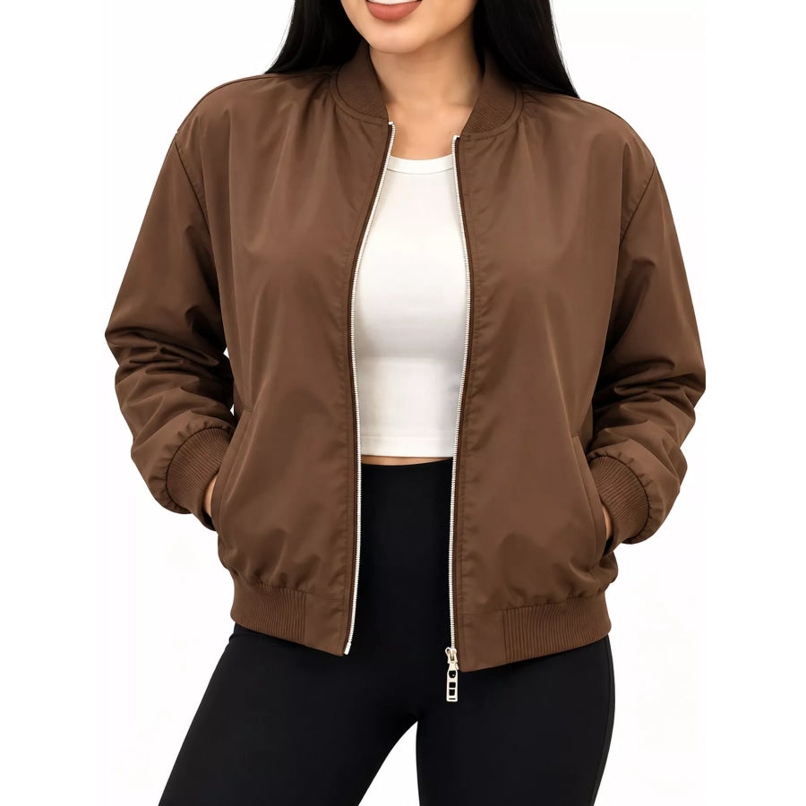 Full Size Casual Zip-Up Bomber Jacket Plus Brown / S Apparel and Accessories