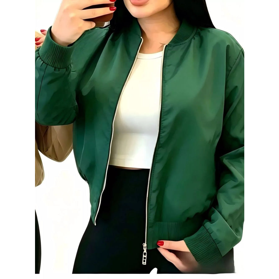 Full Size Casual Zip-Up Bomber Jacket Plus Green / S Apparel and Accessories