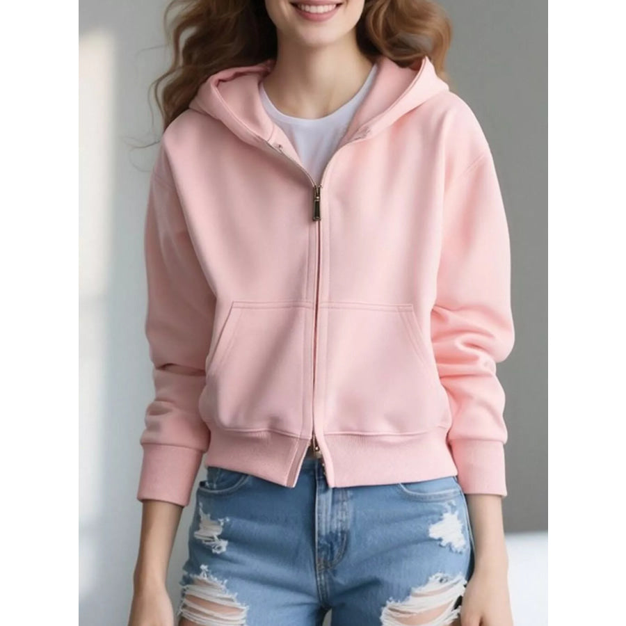 Full Size Casual Zip-Up Long Sleeve Hoodie Plus Size Pink / S Apparel and Accessories