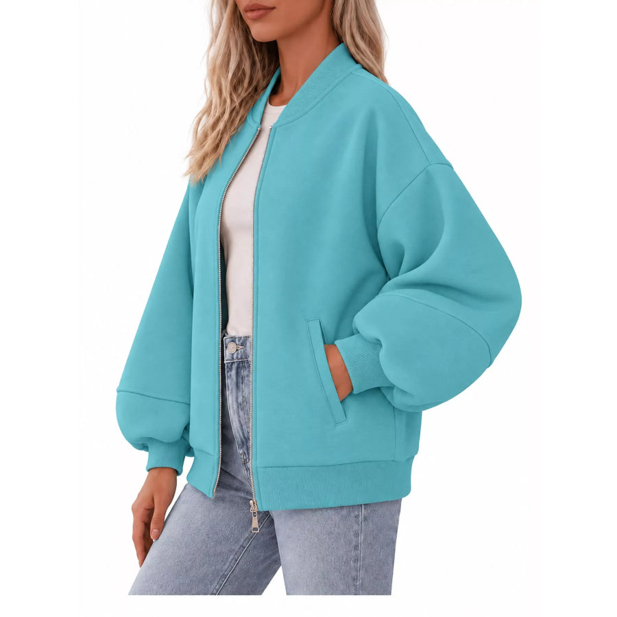 Full Size Casual Zip-Up Oversized Jacket Plus Apparel and Accessories