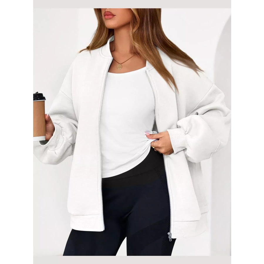Full Size Casual Zip-Up Oversized Jacket Plus Apparel and Accessories