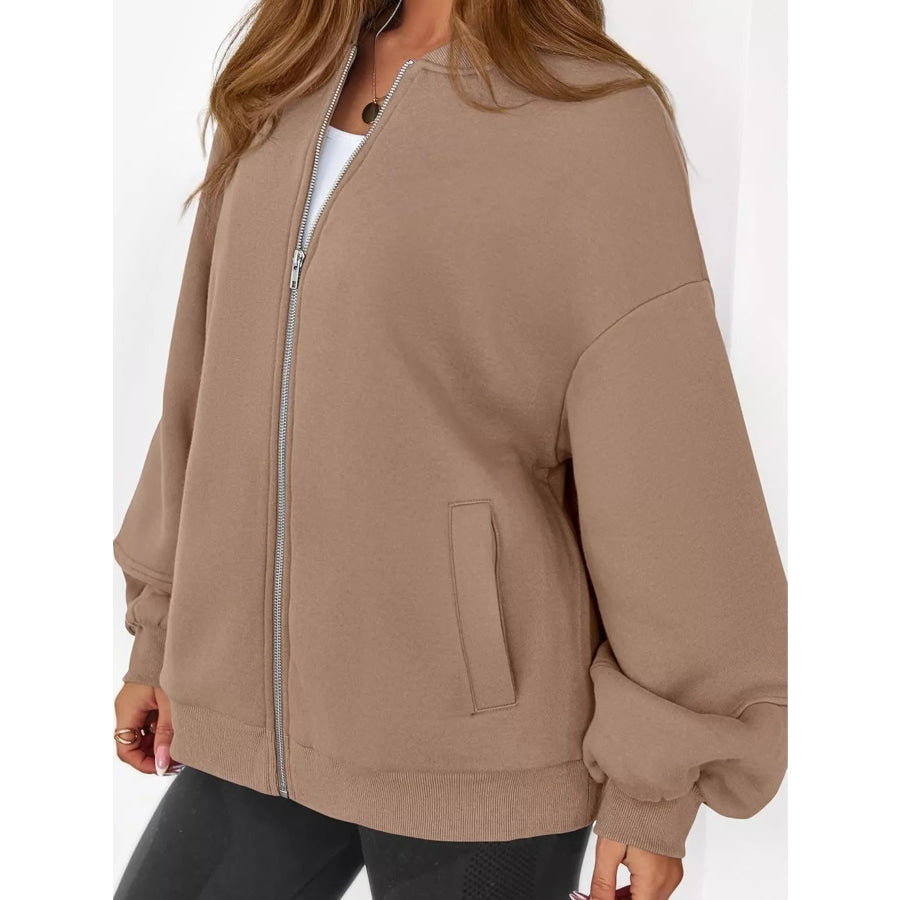 Full Size Casual Zip-Up Oversized Jacket Plus Apparel and Accessories