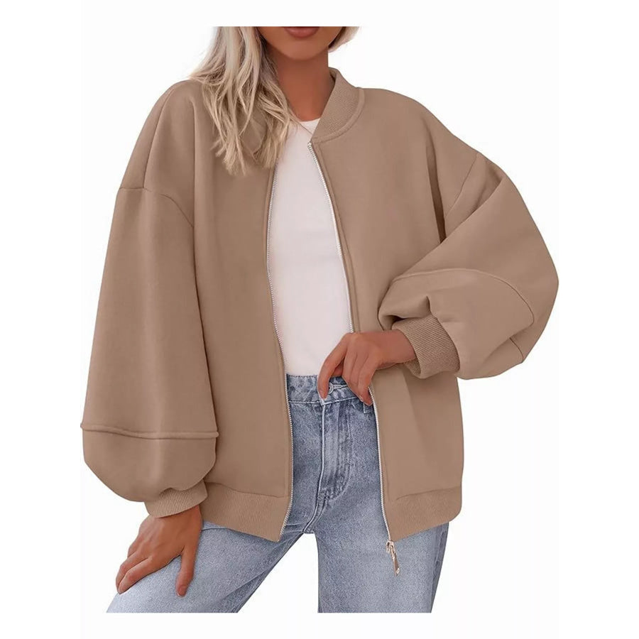 Full Size Casual Zip-Up Oversized Jacket Plus Apparel and Accessories
