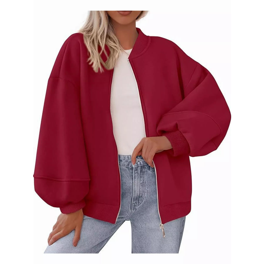 Full Size Casual Zip-Up Oversized Jacket Plus Apparel and Accessories