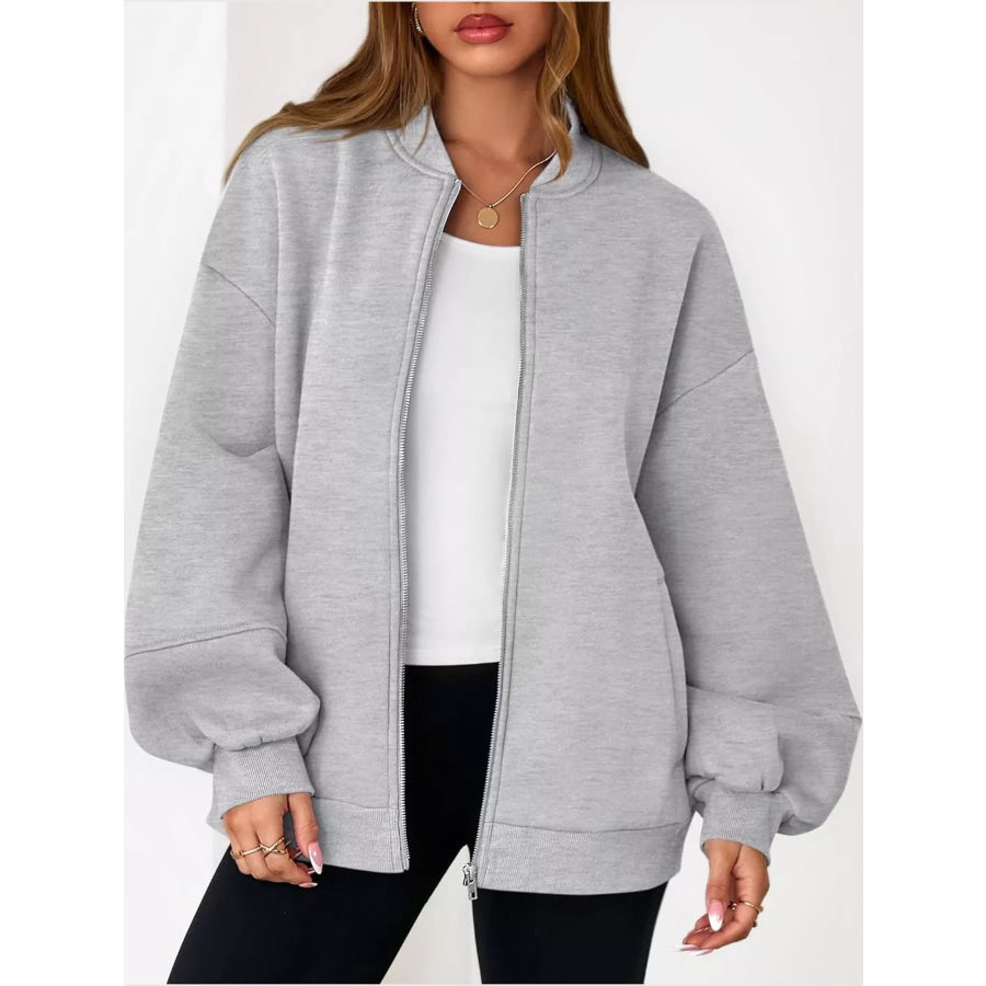 Full Size Casual Zip-Up Oversized Jacket Plus Apparel and Accessories