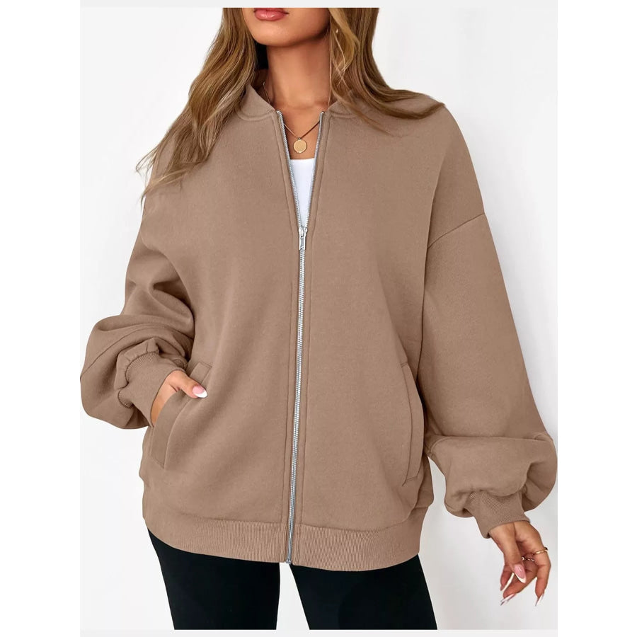 Full Size Casual Zip-Up Oversized Jacket Plus Apparel and Accessories