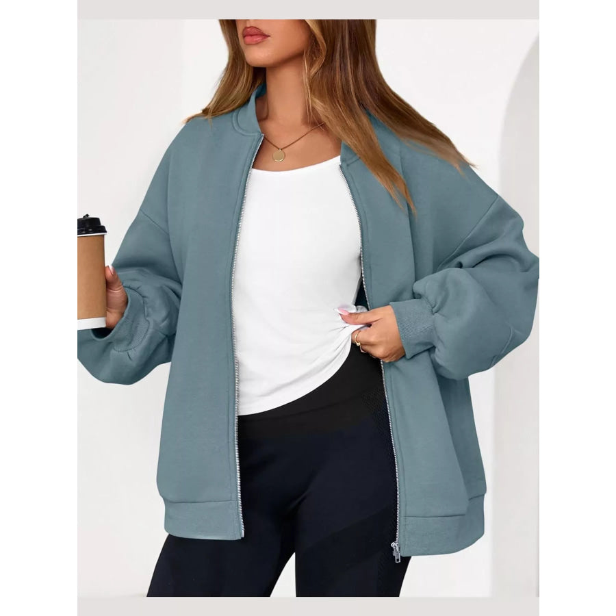 Full Size Casual Zip-Up Oversized Jacket Plus Apparel and Accessories