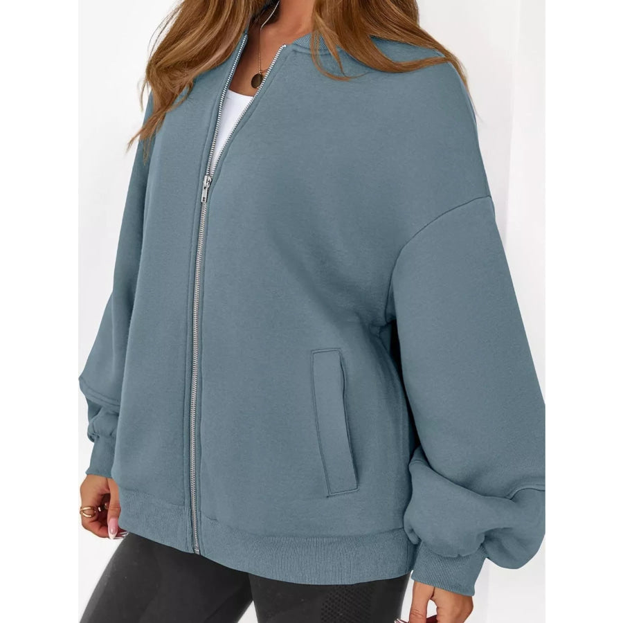 Full Size Casual Zip-Up Oversized Jacket Plus Apparel and Accessories