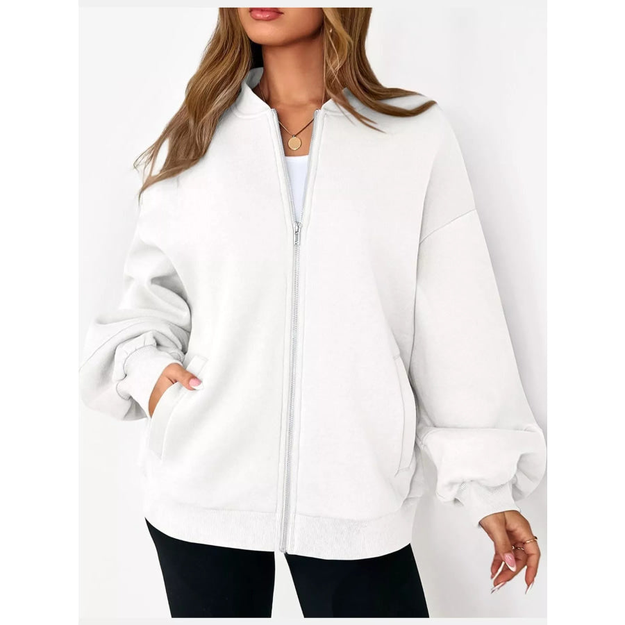 Full Size Casual Zip-Up Oversized Jacket Plus Apparel and Accessories