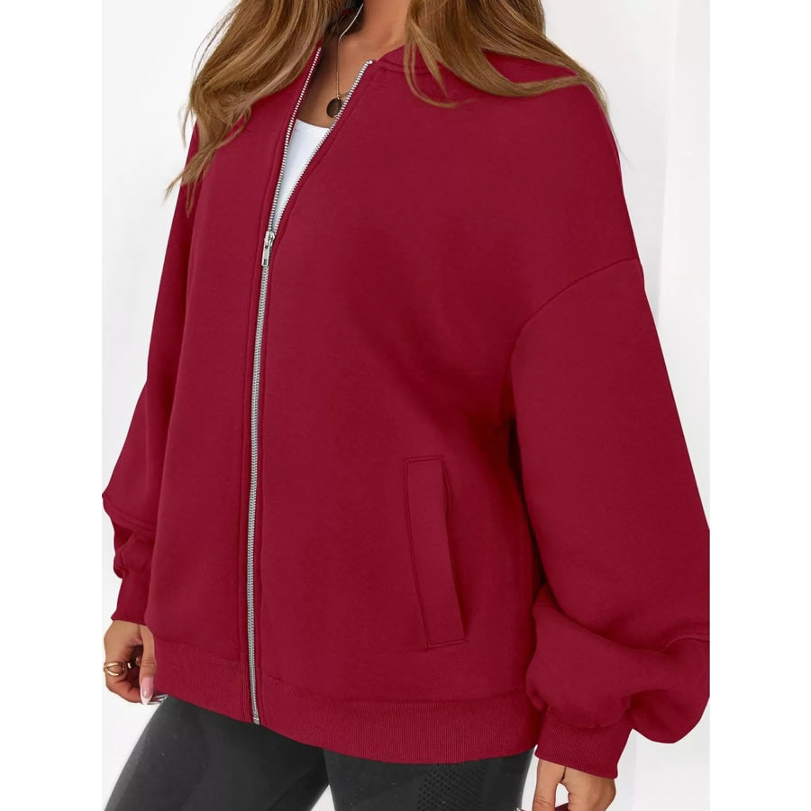 Full Size Casual Zip-Up Oversized Jacket Plus Apparel and Accessories