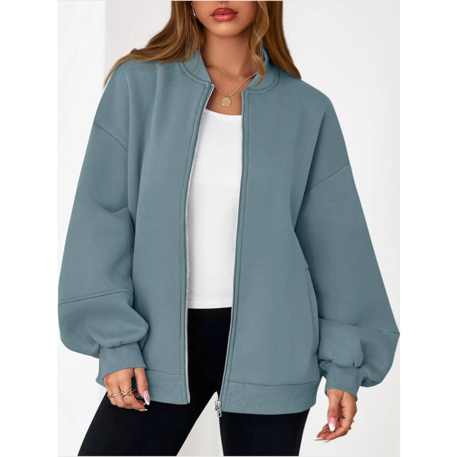 Full Size Casual Zip-Up Oversized Jacket Plus Apparel and Accessories
