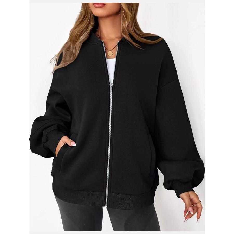 Full Size Casual Zip-Up Oversized Jacket Plus Apparel and Accessories