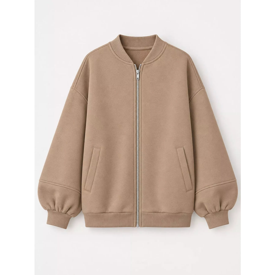 Full Size Casual Zip-Up Oversized Jacket Plus Apparel and Accessories