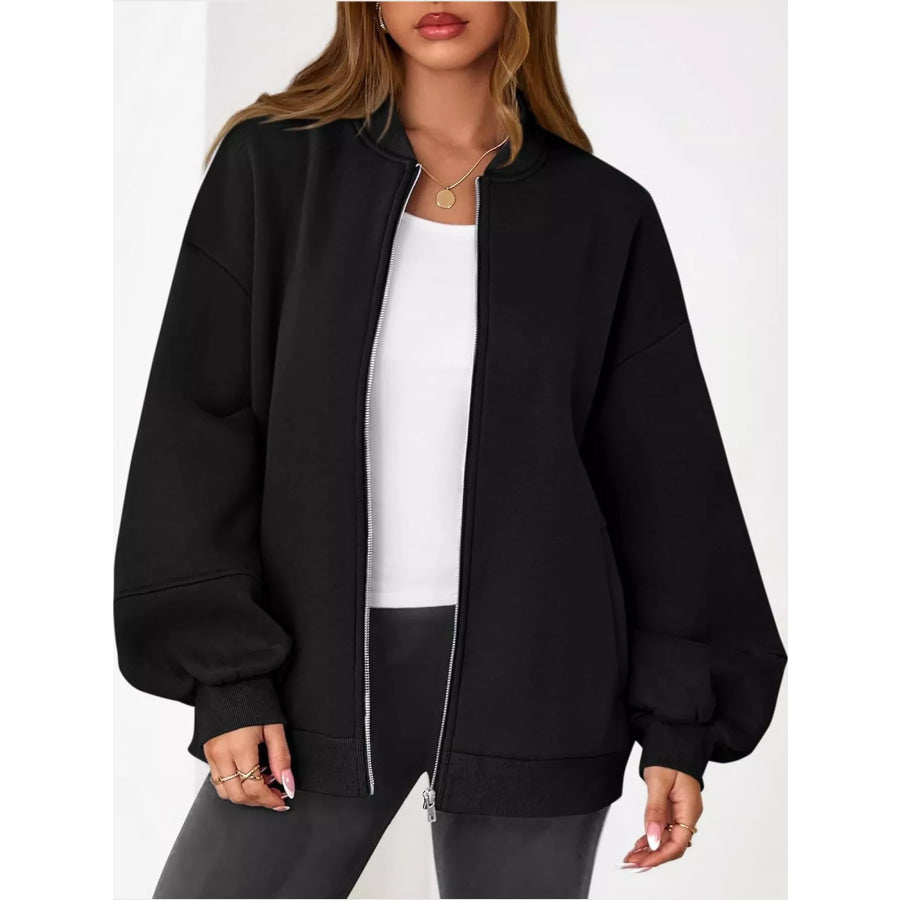 Full Size Casual Zip-Up Oversized Jacket Plus Apparel and Accessories