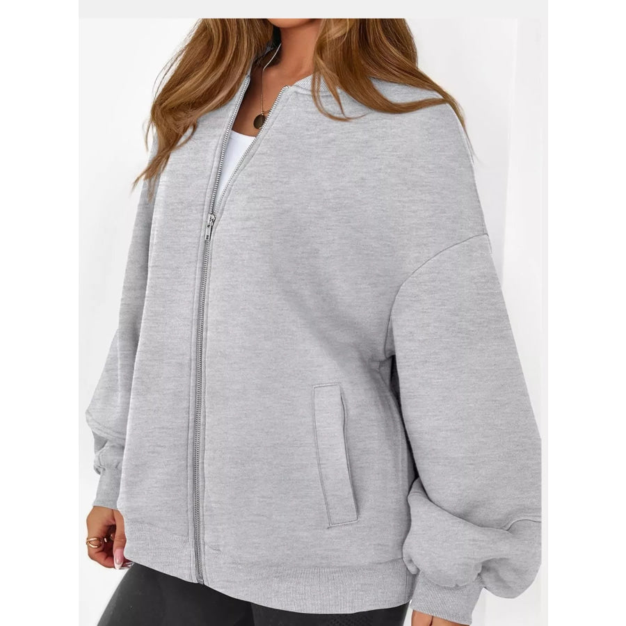Full Size Casual Zip-Up Oversized Jacket Plus Apparel and Accessories