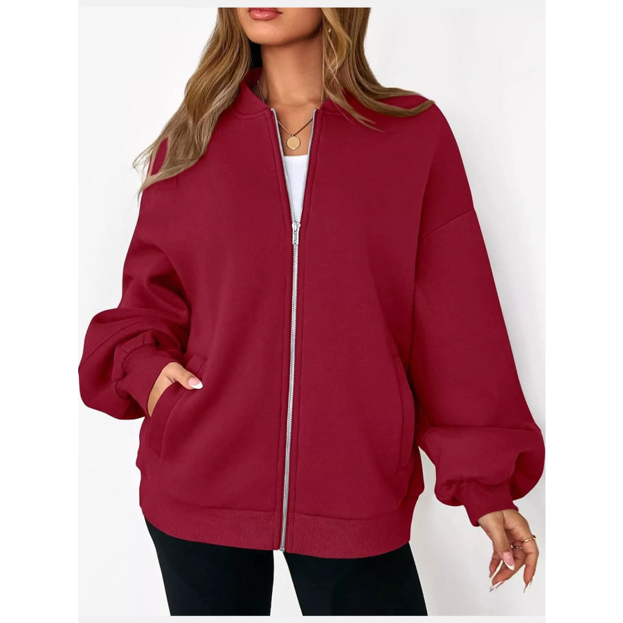 Full Size Casual Zip-Up Oversized Jacket Plus Apparel and Accessories