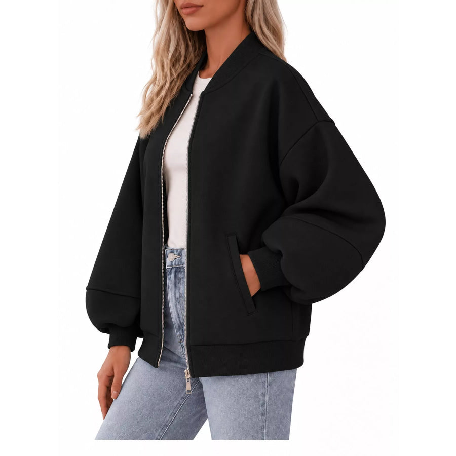 Full Size Casual Zip-Up Oversized Jacket Plus Apparel and Accessories