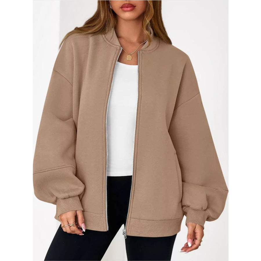 Full Size Casual Zip-Up Oversized Jacket Plus Apparel and Accessories