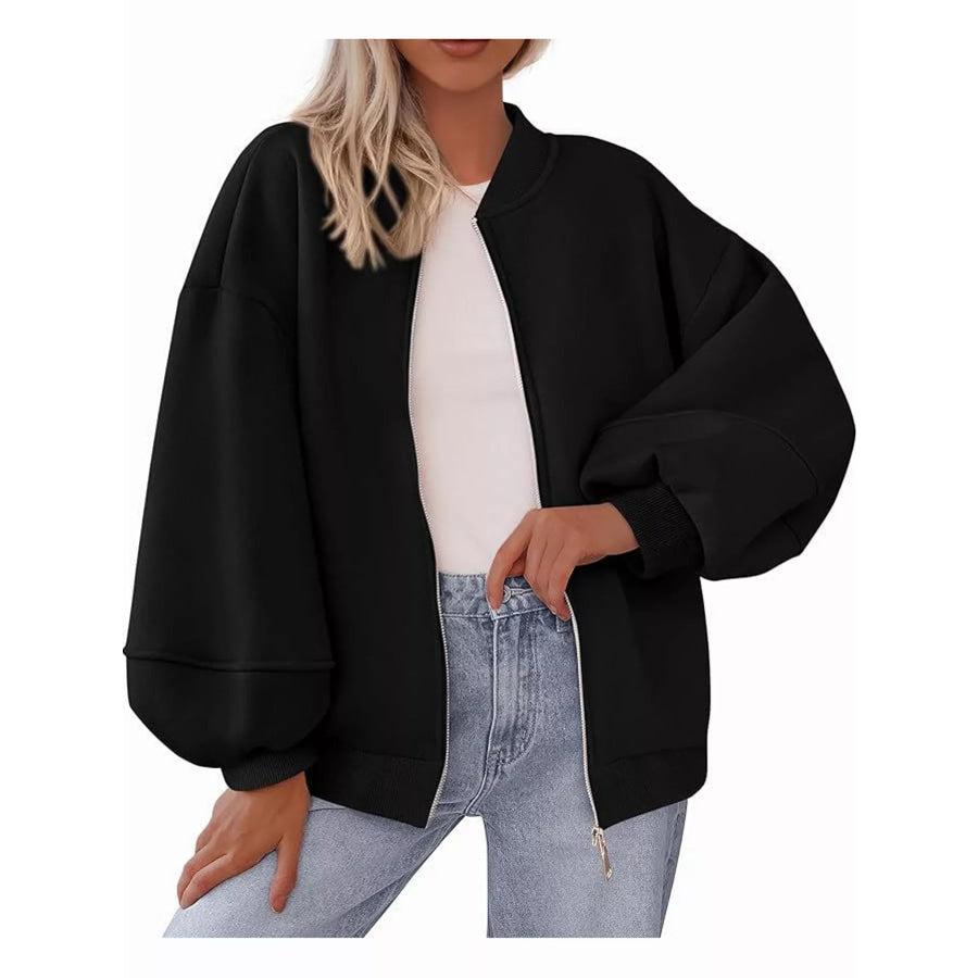 Full Size Casual Zip-Up Oversized Jacket Plus Apparel and Accessories