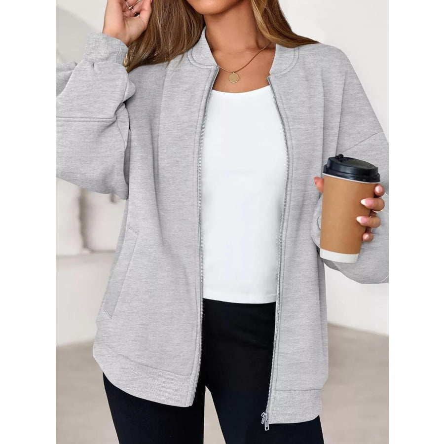 Full Size Casual Zip-Up Oversized Jacket Plus Apparel and Accessories