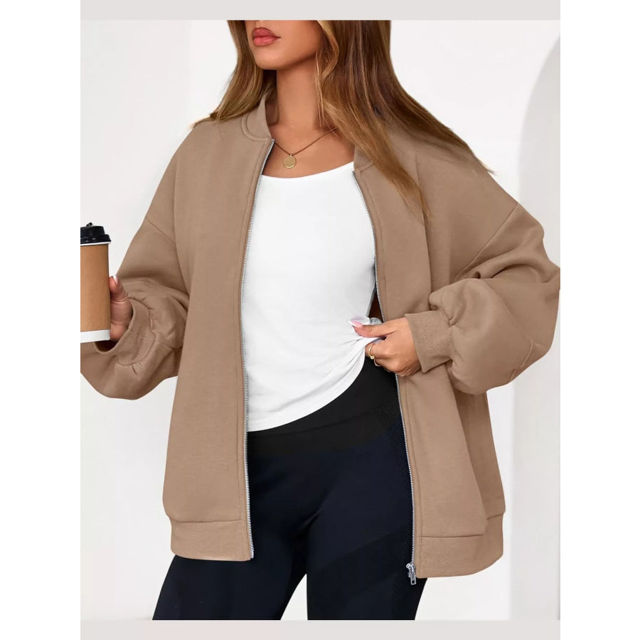 Full Size Casual Zip-Up Oversized Jacket Plus Apparel and Accessories