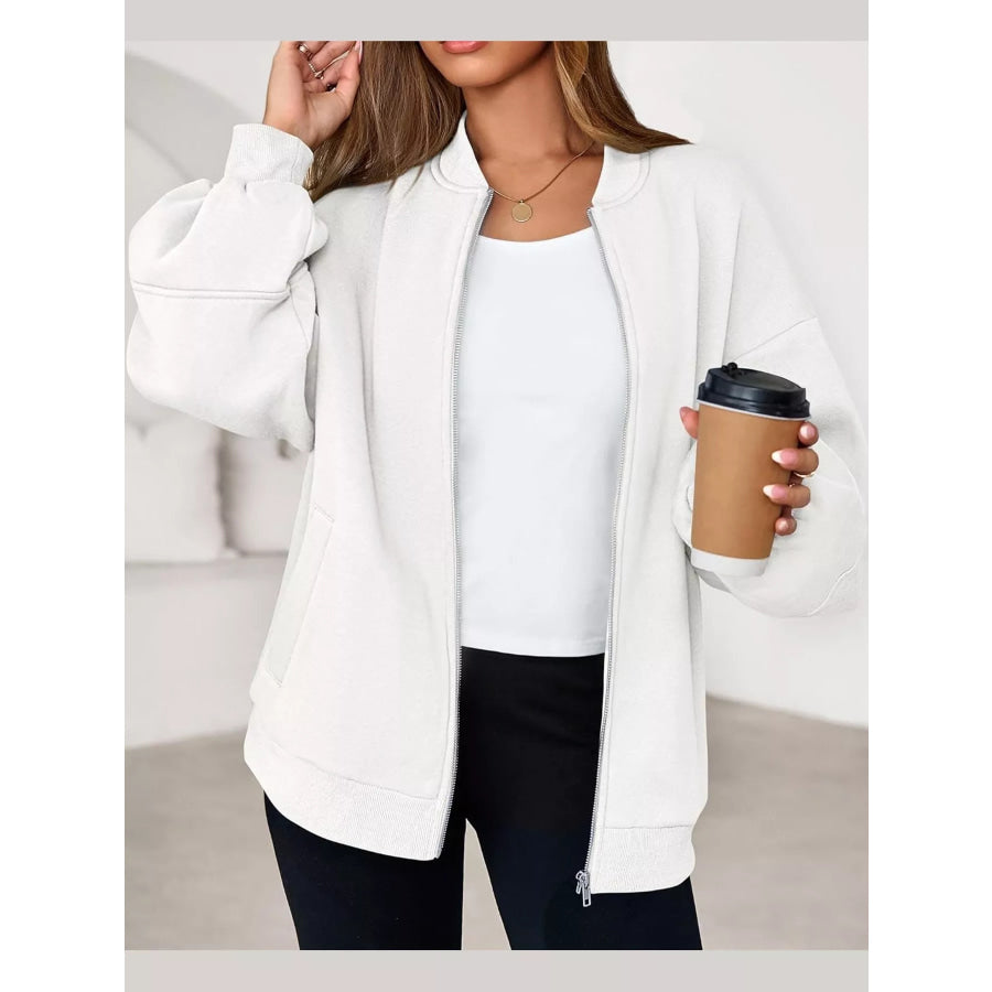 Full Size Casual Zip-Up Oversized Jacket Plus Apparel and Accessories