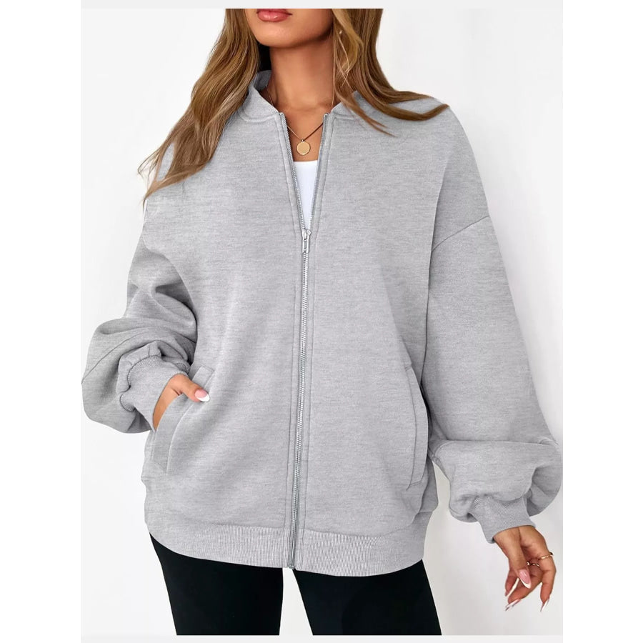 Full Size Casual Zip-Up Oversized Jacket Plus Apparel and Accessories