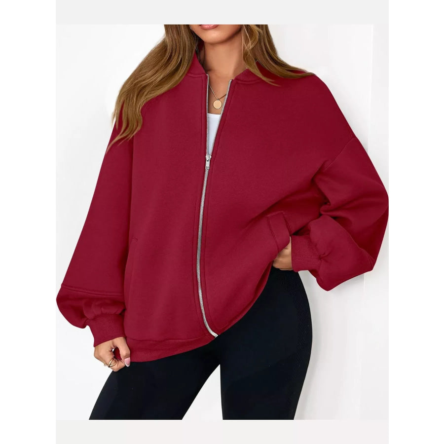 Full Size Casual Zip-Up Oversized Jacket Plus Apparel and Accessories