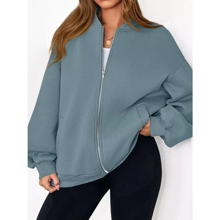 Full Size Casual Zip-Up Oversized Jacket Plus Apparel and Accessories