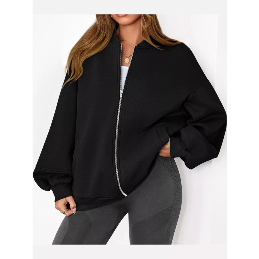 Full Size Casual Zip-Up Oversized Jacket Plus Black / S Apparel and Accessories