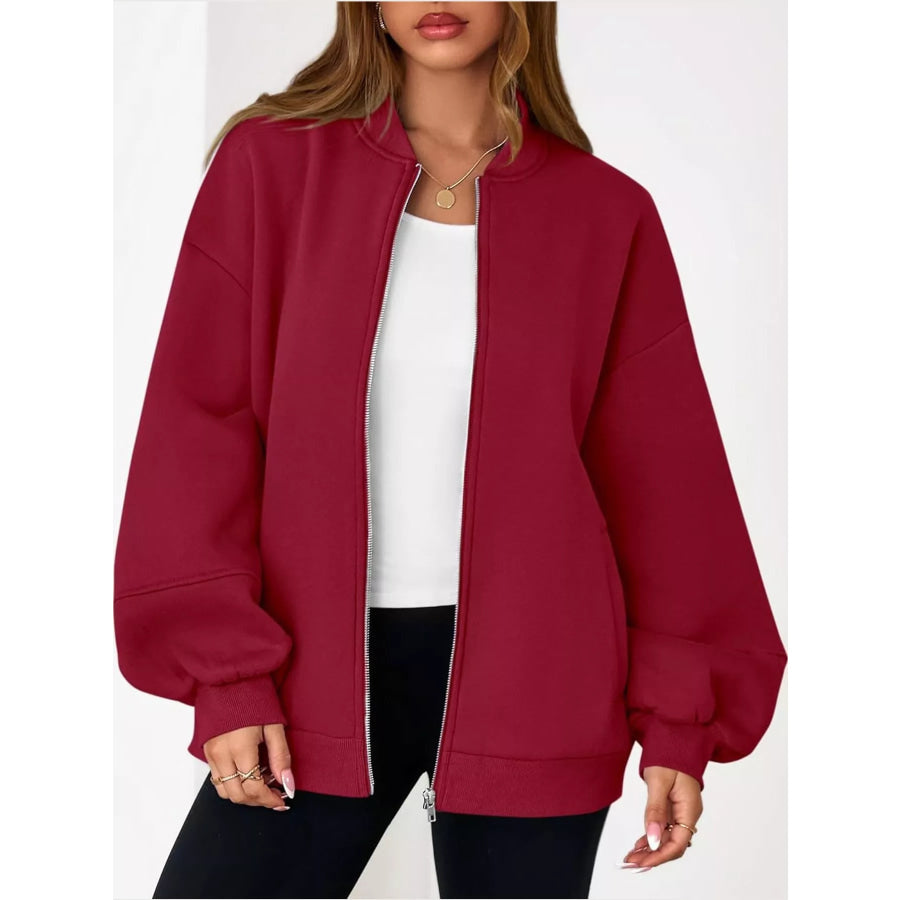Full Size Casual Zip-Up Oversized Jacket Plus Dark Red / S Apparel and Accessories