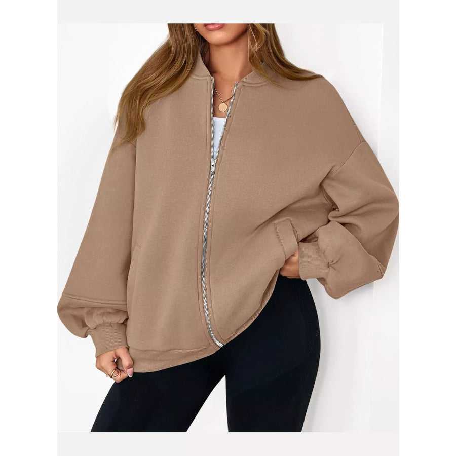Full Size Casual Zip-Up Oversized Jacket Plus Khaki / S Apparel and Accessories