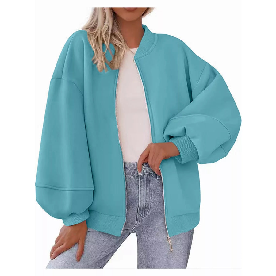 Full Size Casual Zip-Up Oversized Jacket Plus Lake Blue / S Apparel and Accessories