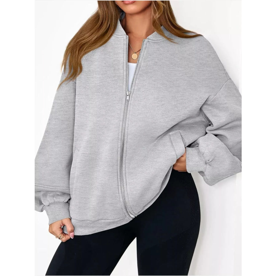 Full Size Casual Zip-Up Oversized Jacket Plus Light Gray / S Apparel and Accessories