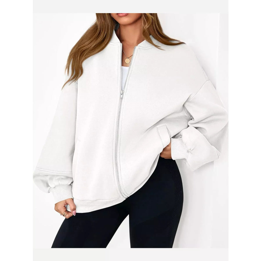 Full Size Casual Zip-Up Oversized Jacket Plus White / S Apparel and Accessories