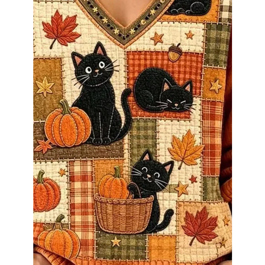 Full Size Cat and Pumpkin V-Neck Sweater Plus Size Apparel and Accessories