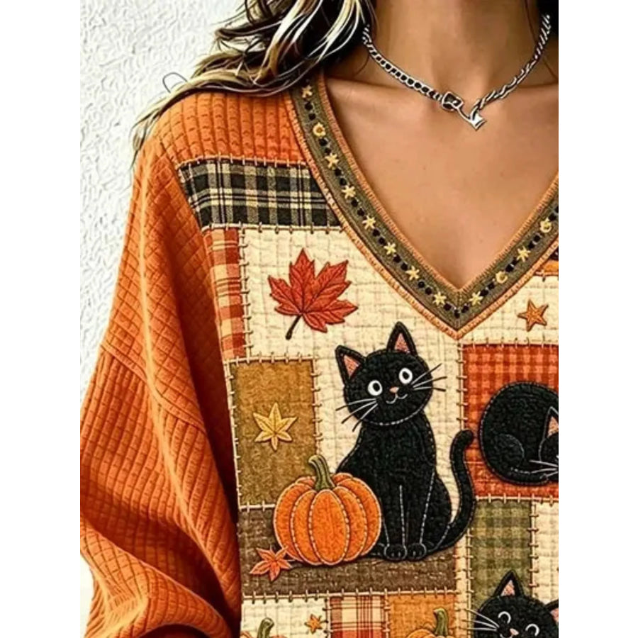 Full Size Cat and Pumpkin V-Neck Sweater Plus Size Apparel and Accessories