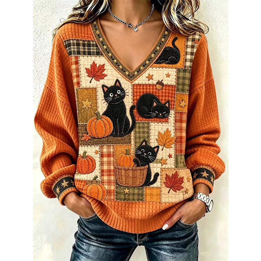 Full Size Cat and Pumpkin V-Neck Sweater Plus Size Orange / S Apparel and Accessories