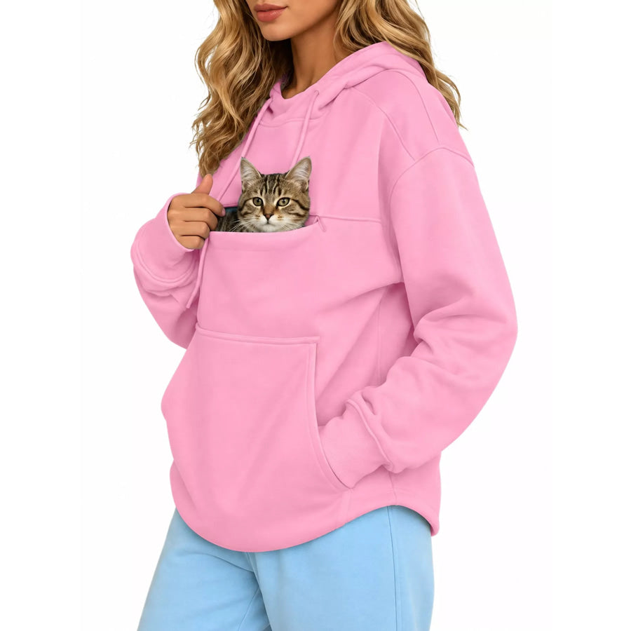 Full Size Cat Pouch Drawstring Hoodie Plus Apparel and Accessories